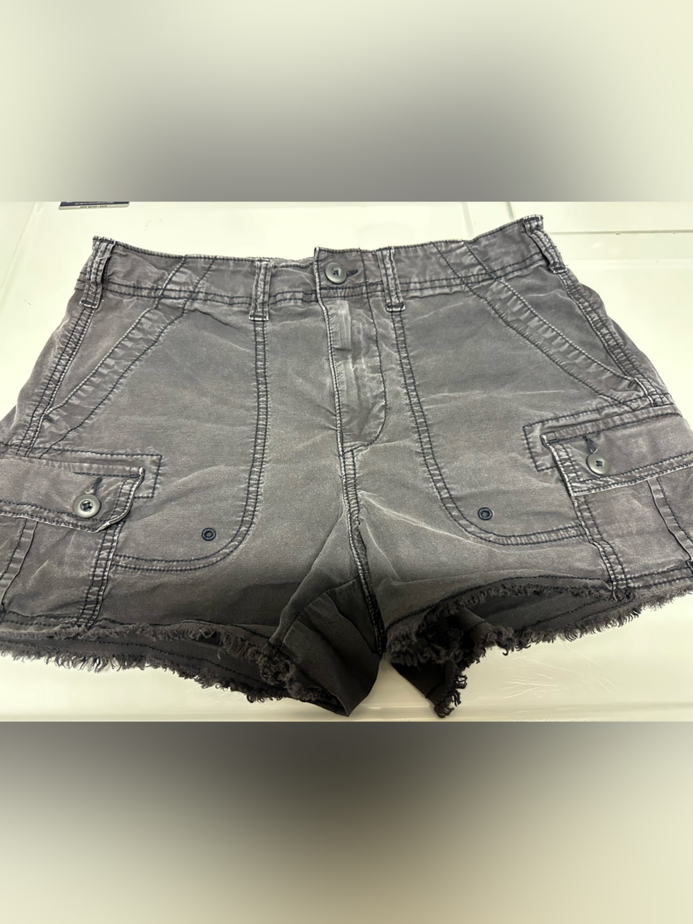 American Eagle Outfitters Washed Black Frayed-Hem Cargo Denim Shorts